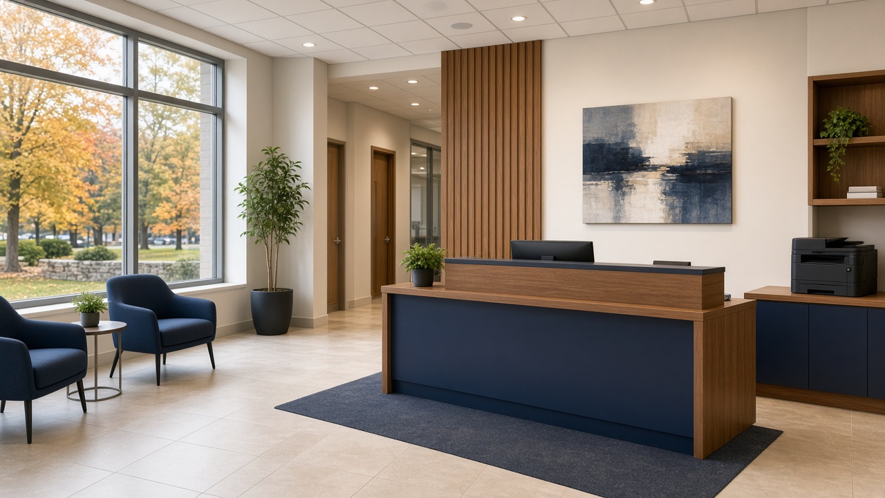 Bright office lobby with a printer on a side console