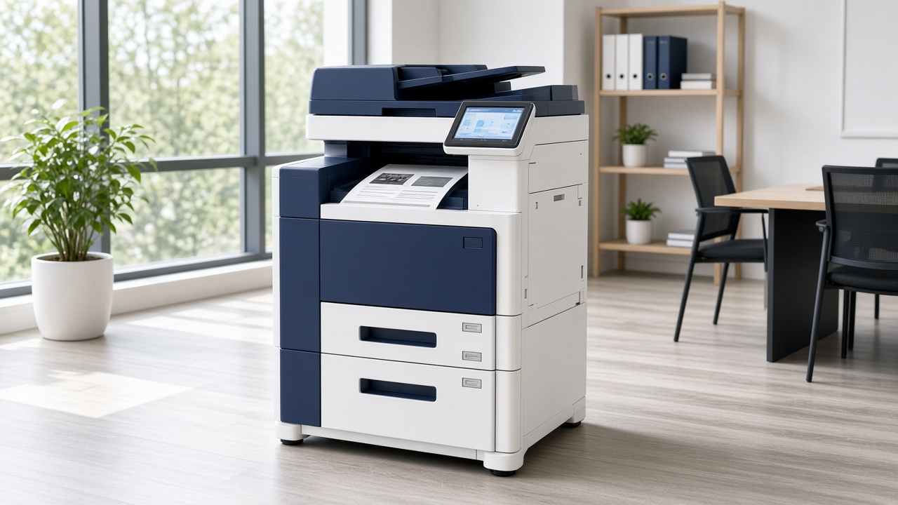 Floor-standing commercial multifunction printer in a bright office