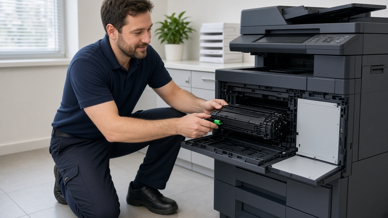 Technician replacing toner on a commercial printer