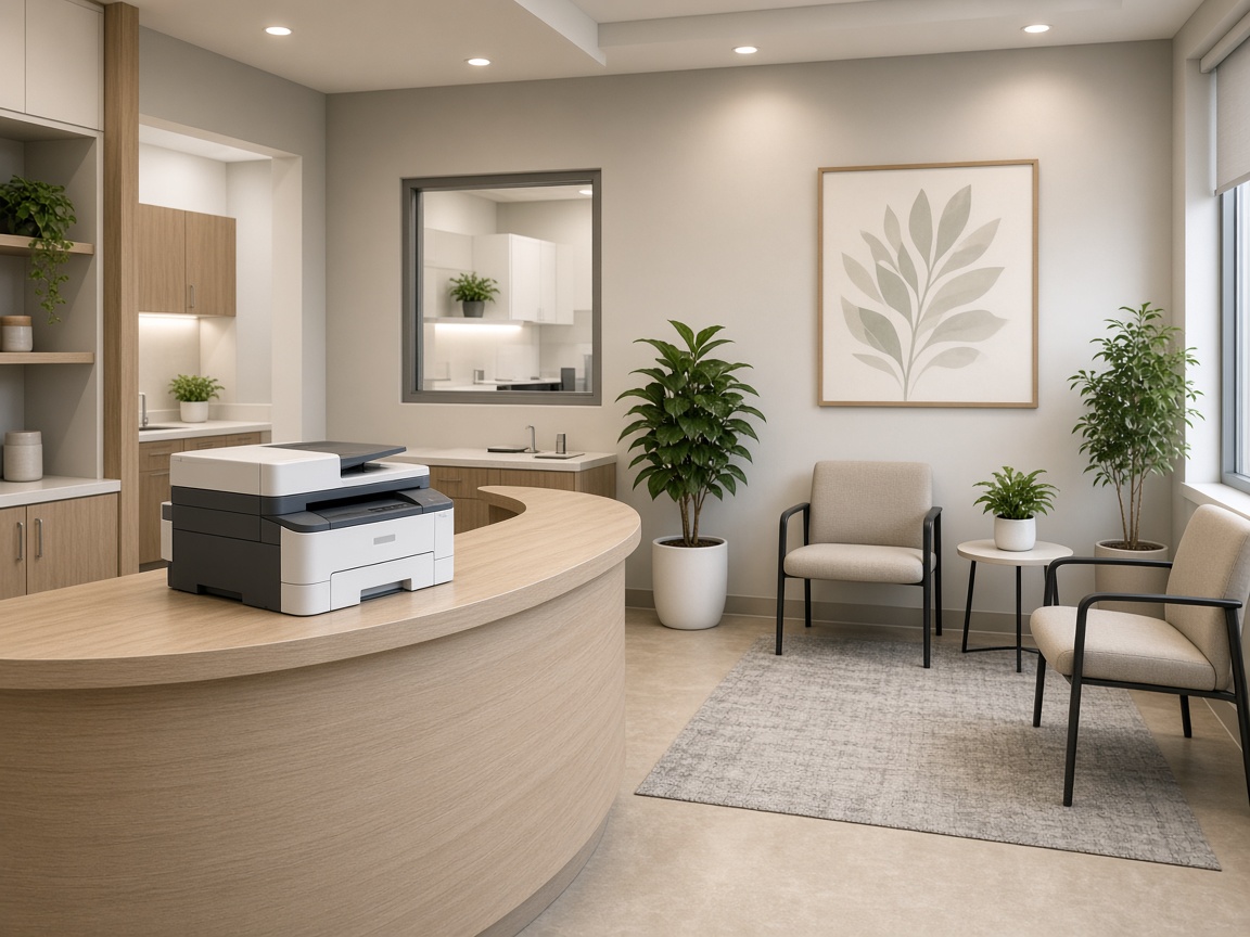 Compact printer on a medical reception desk