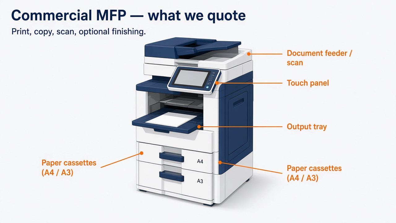 Labeled diagram of a commercial multifunction printer: document feeder, touch panel, output tray and paper cassettes