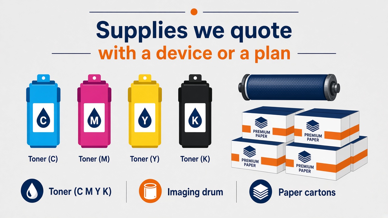 Diagram of toner cartridges, an imaging drum and paper cartons